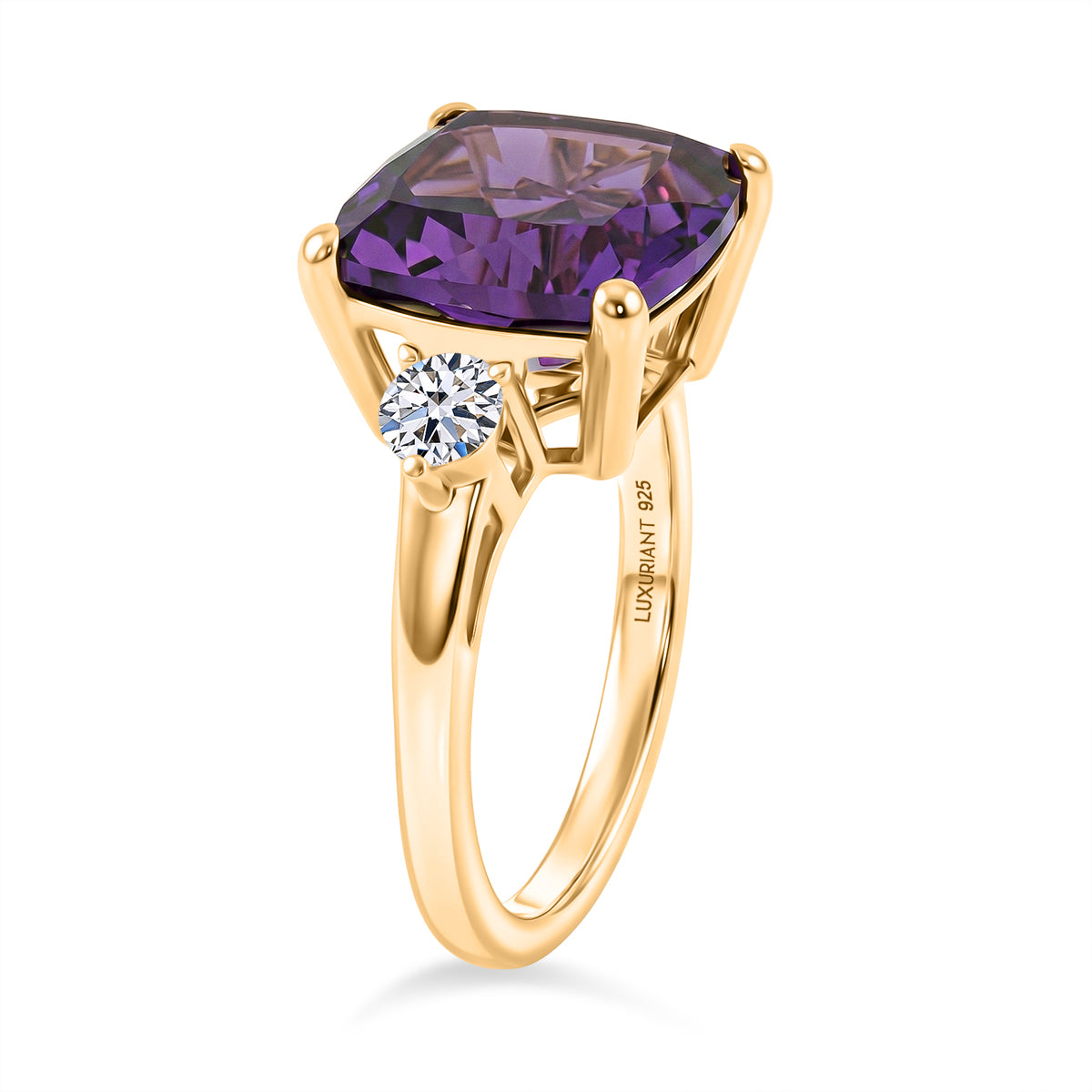 AAA African Amethyst &amp; Lab Grown Diamond (SI/G-H) Trilogy Ring in 18K Vermeil Yellow Gold Plated Sterling Silver 5.47 Ct. V32531767 4