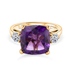 AAA African Amethyst & Lab Grown Diamond (SI/G-H) Trilogy Ring in 18K Vermeil Yellow Gold Plated Sterling Silver 5.47 Ct._8545625