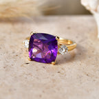 AAA African Amethyst & Lab Grown Diamond (SI/G-H) Trilogy Ring in 18K Vermeil Yellow Gold Plated Sterling Silver 5.47 Ct._8545625_2