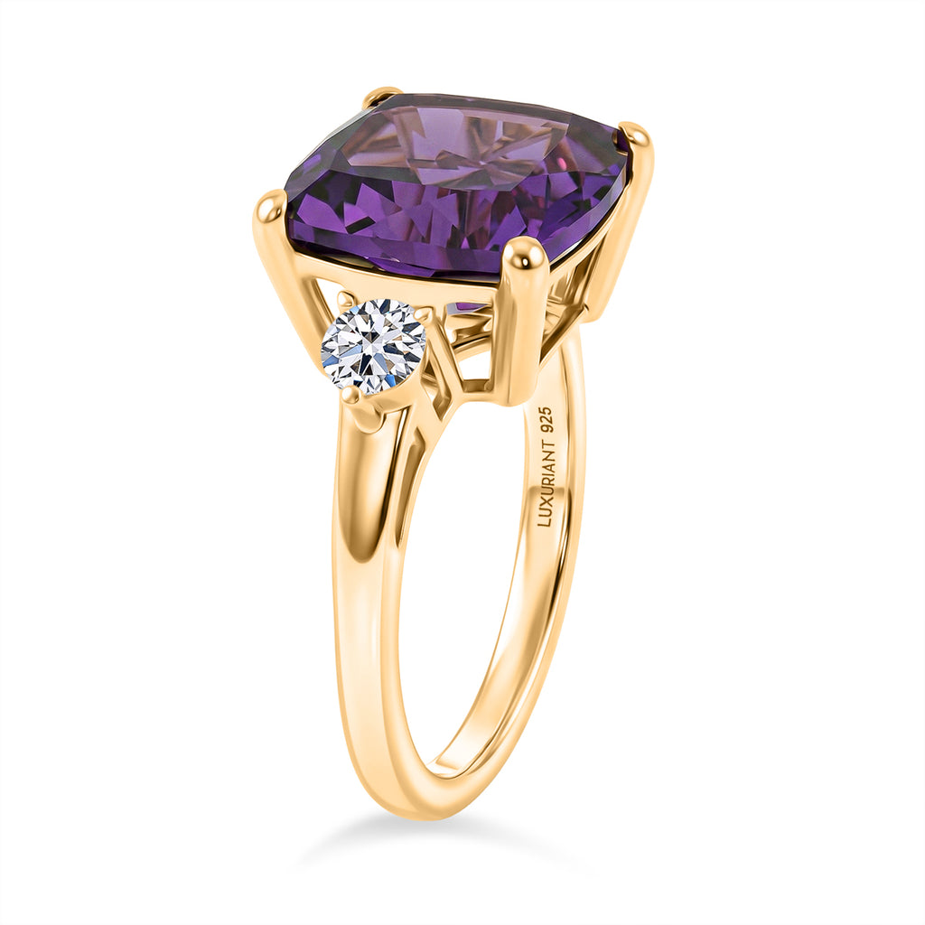 AAA African Amethyst & Lab Grown Diamond (SI/G-H) Trilogy Ring in 18K Vermeil Yellow Gold Plated Sterling Silver 5.47 Ct._8545625_3