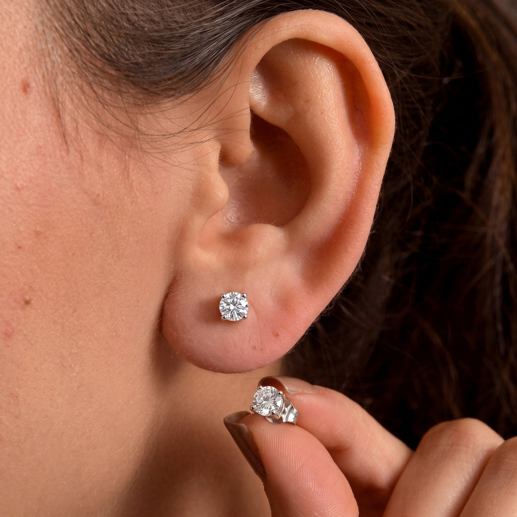D'Joy GRA Certified VVS-D Moissanite Solitaire Stud Push Post Earring in Rhodium Overlay Sterling Silver 1.00 Ct.