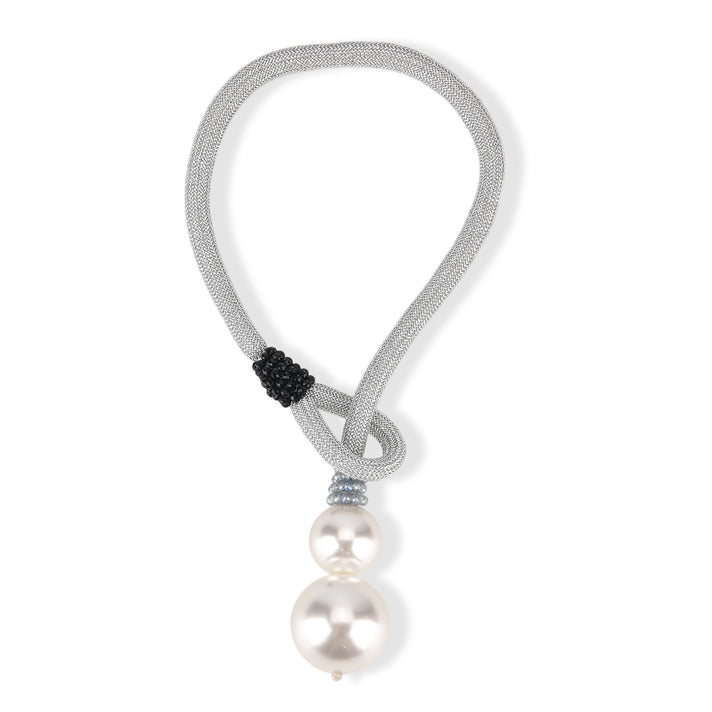 Designer Knotted Woven Cord Double Faux Pearl Drop Statement Necklace (60 cm) - Silver 8547383 1