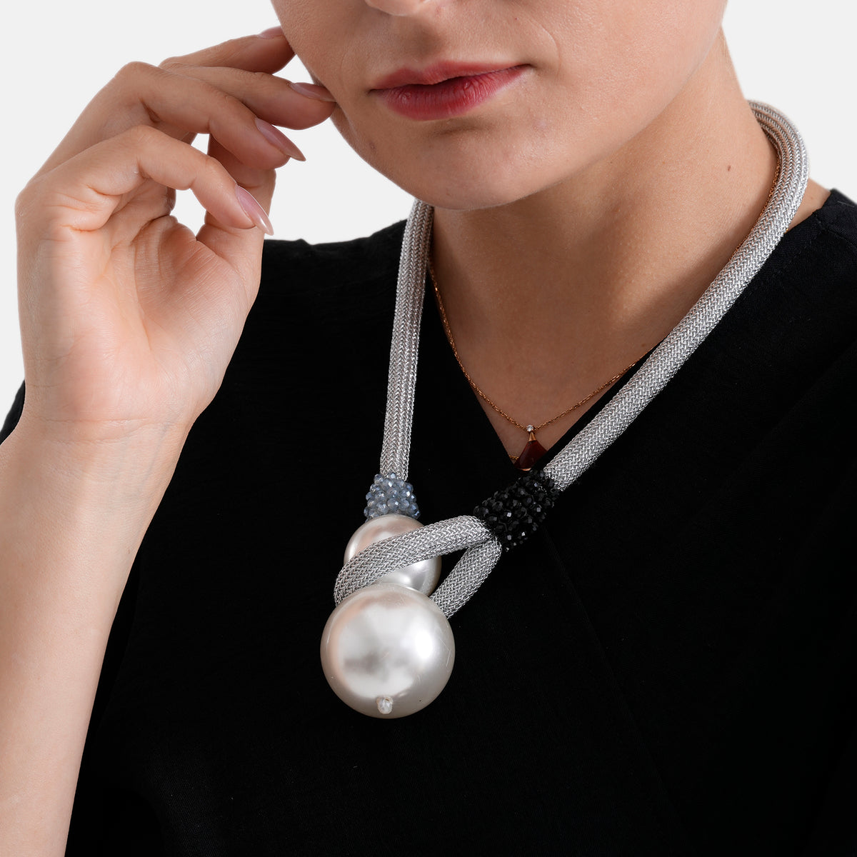 Designer Knotted Woven Cord Double Faux Pearl Drop Statement Necklace (60 cm) - Silver 8547383 4