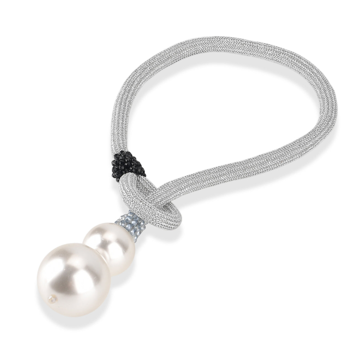 Designer Knotted Woven Cord Double Faux Pearl Drop Statement Necklace (60 cm) - Silver 8547383 5
