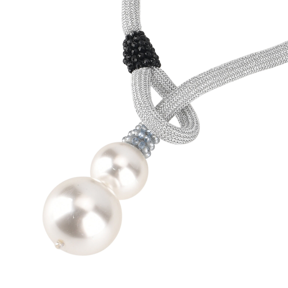Designer Knotted Woven Cord Double Faux Pearl Drop Statement Necklace (60 cm) - Silver 8547383 6