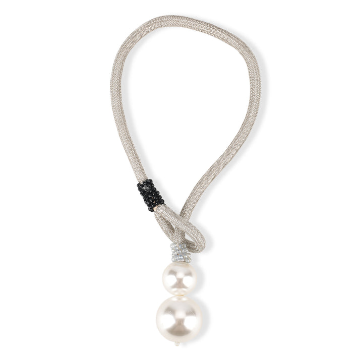 Designer Knotted Woven Cord Double Faux Pearl Drop Statement Necklace (60 cm) - Light Gold V32621034 1