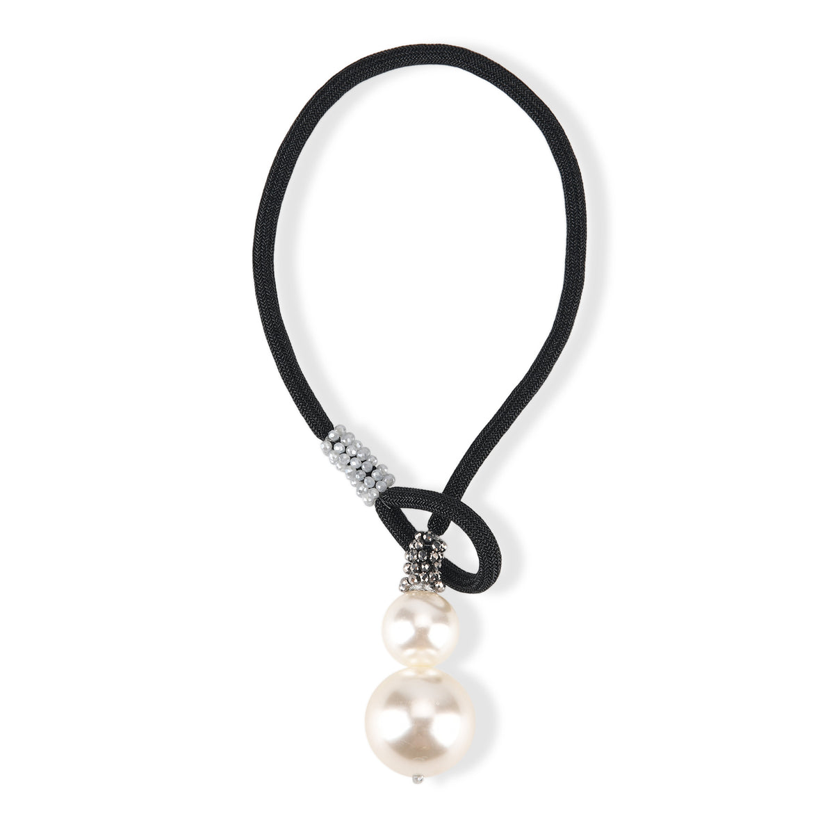 Designer Knotted Woven Cord Double Faux Pearl Drop Statement Necklace (60 cm) - Black V32721957 0