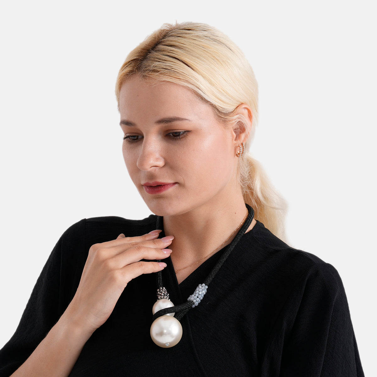 Designer Knotted Woven Cord Double Faux Pearl Drop Statement Necklace (60 cm) - Black V32721957 3