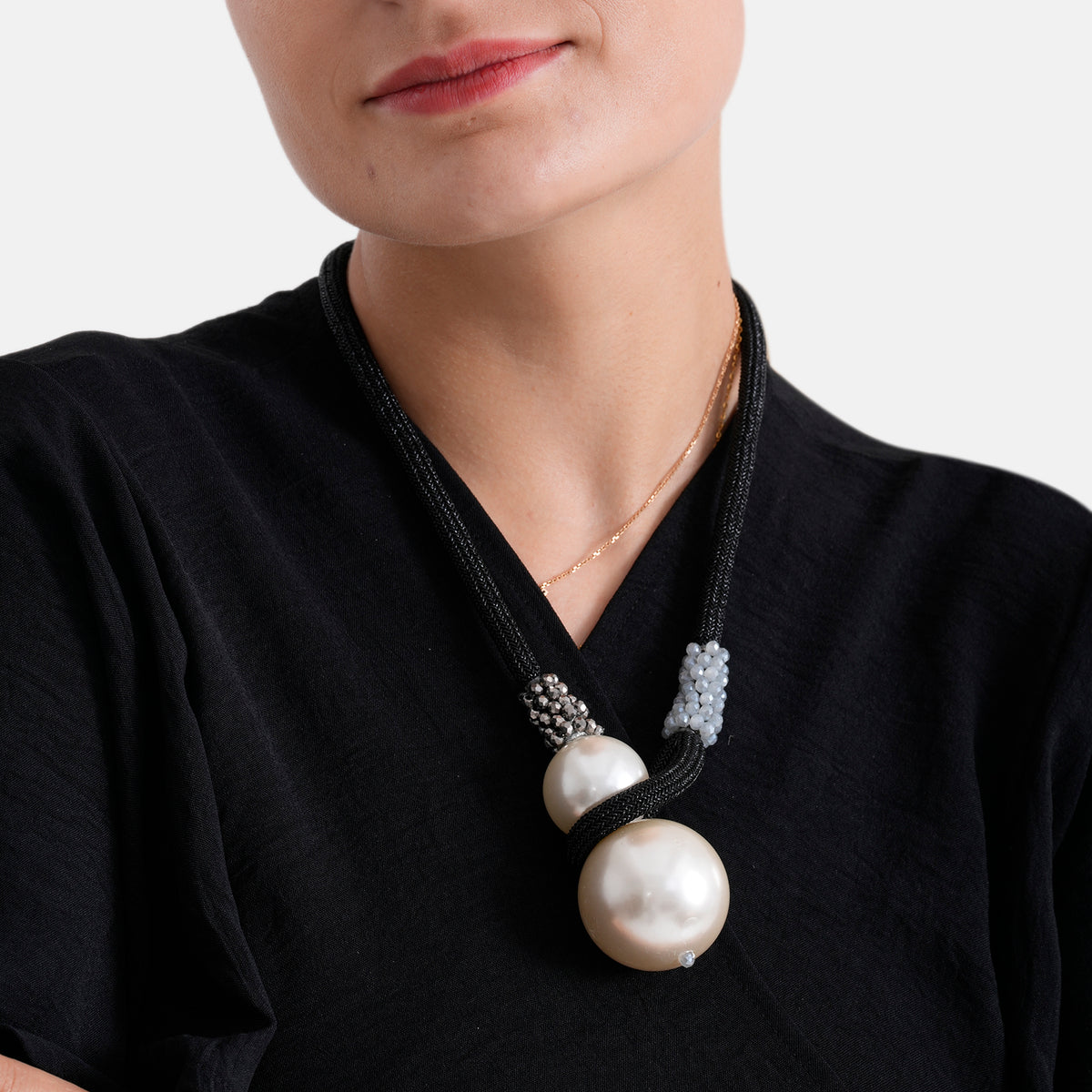 Designer Knotted Woven Cord Double Faux Pearl Drop Statement Necklace (60 cm) - Black V32721957 4