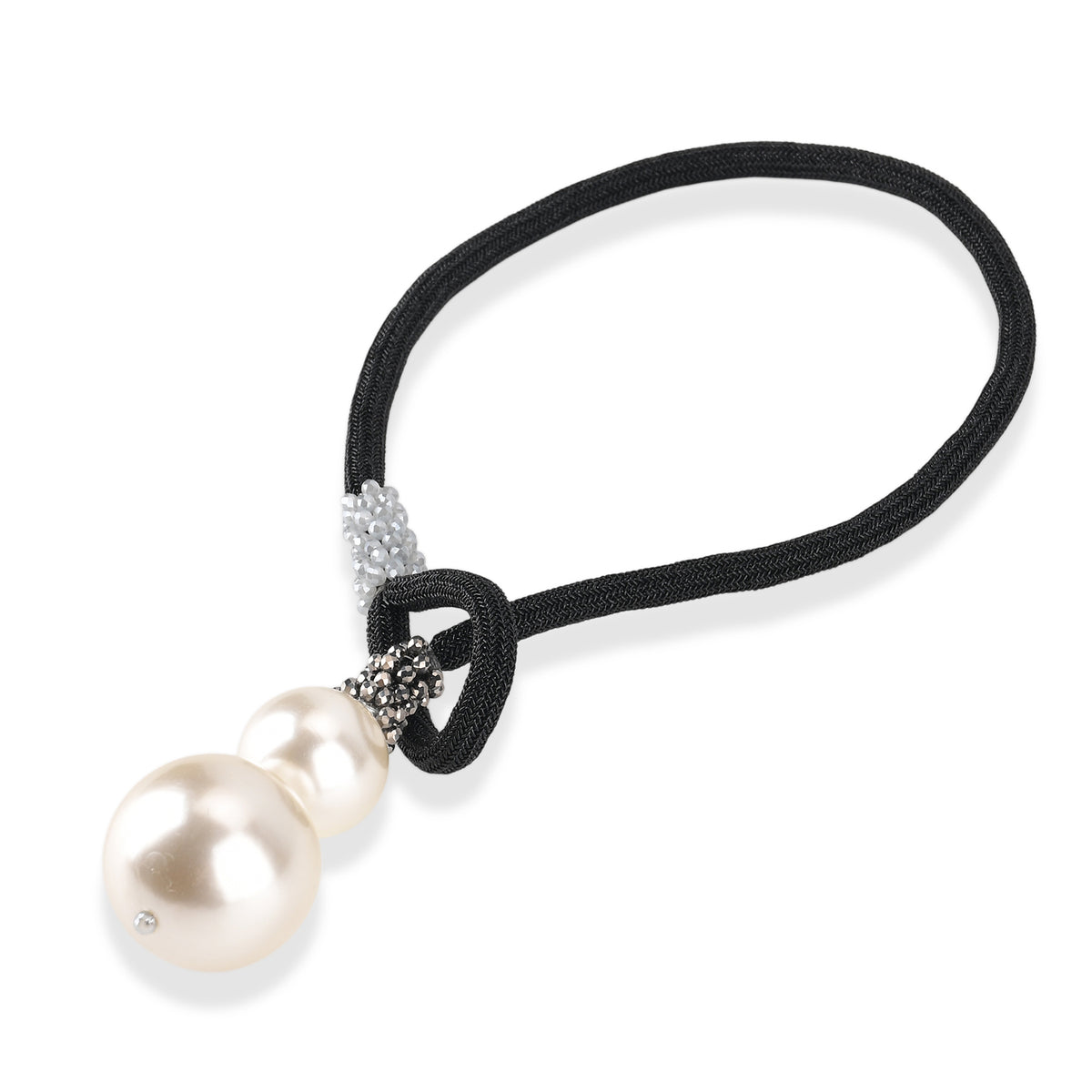 Designer Knotted Woven Cord Double Faux Pearl Drop Statement Necklace (60 cm) - Black V32721957 5