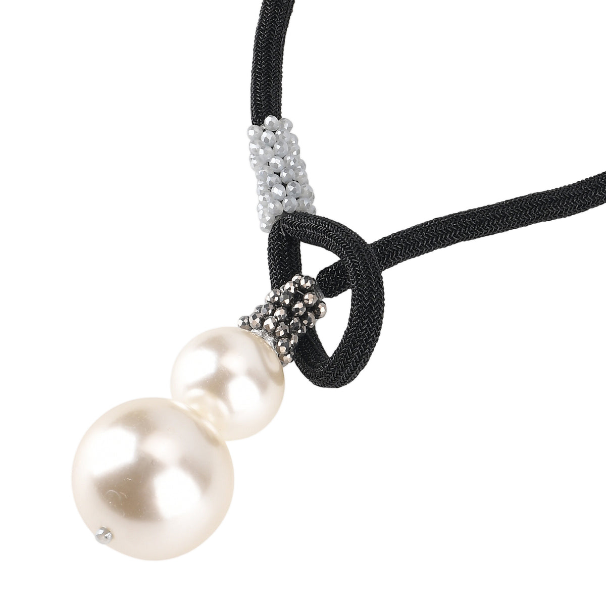 Designer Knotted Woven Cord Double Faux Pearl Drop Statement Necklace (60 cm) - Black V32721957 6