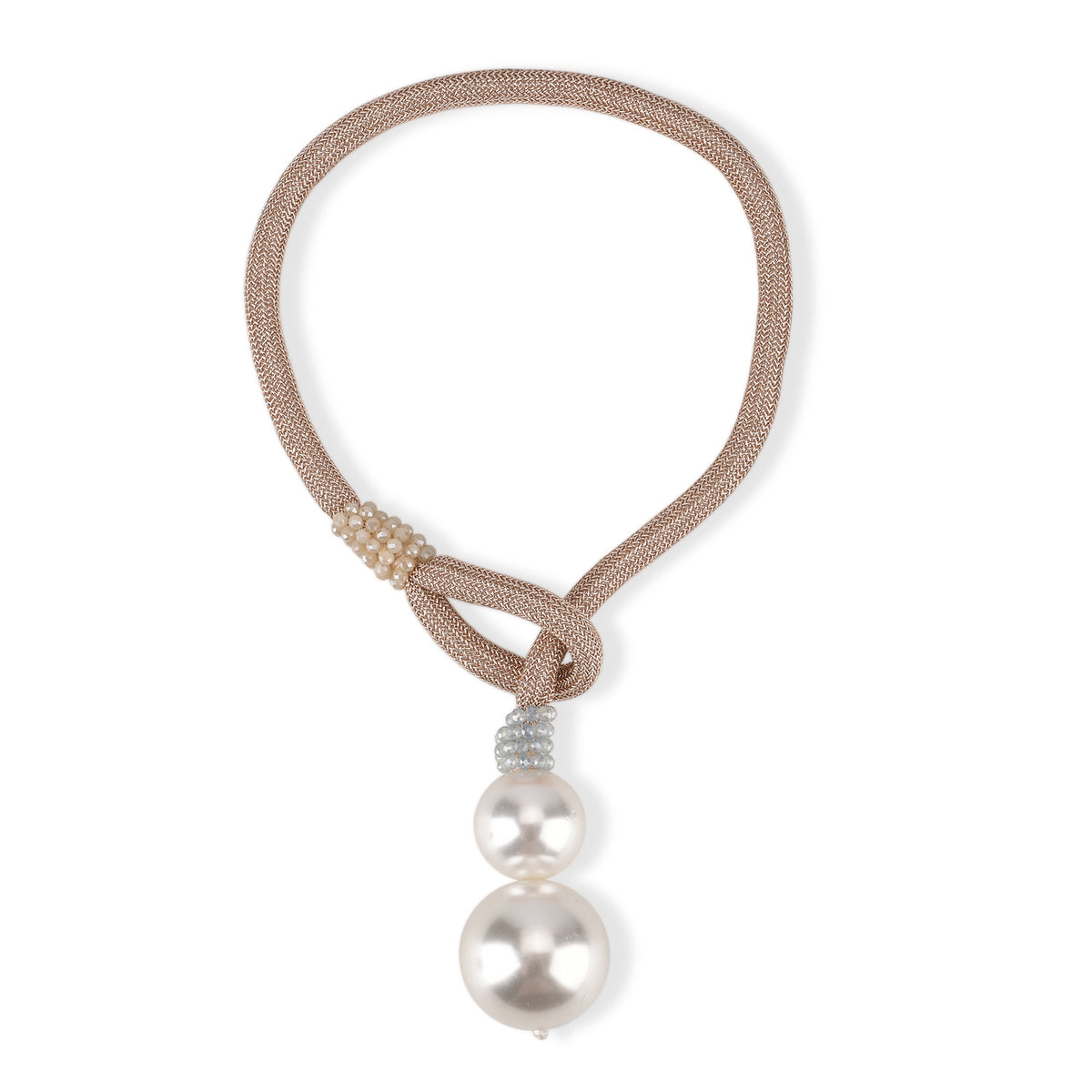 Designer Knotted Woven Cord Double Faux Pearl Drop Statement Necklace (60 cm) - Champagne V32619876 0