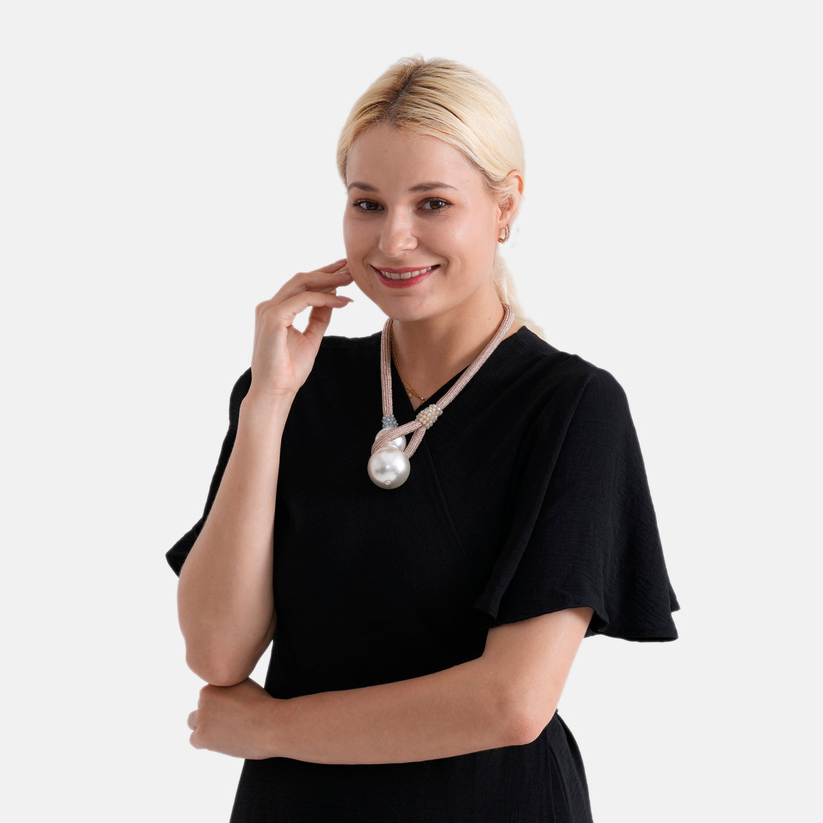Designer Knotted Woven Cord Double Faux Pearl Drop Statement Necklace (60 cm) - Champagne V32619876 2