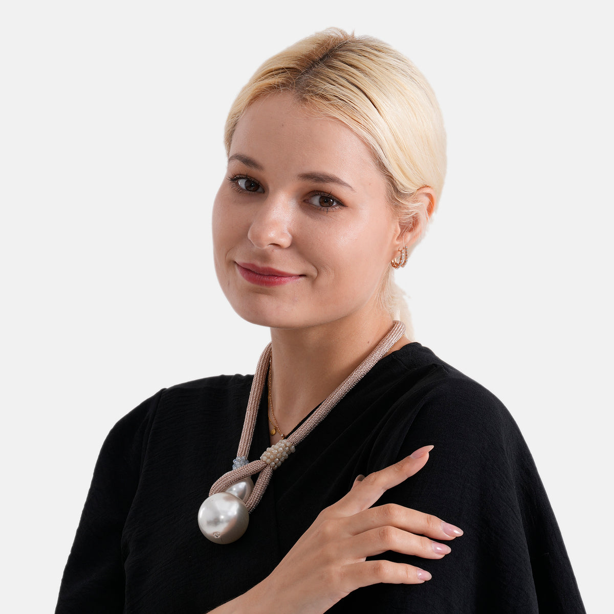Designer Knotted Woven Cord Double Faux Pearl Drop Statement Necklace (60 cm) - Champagne V32619876 3