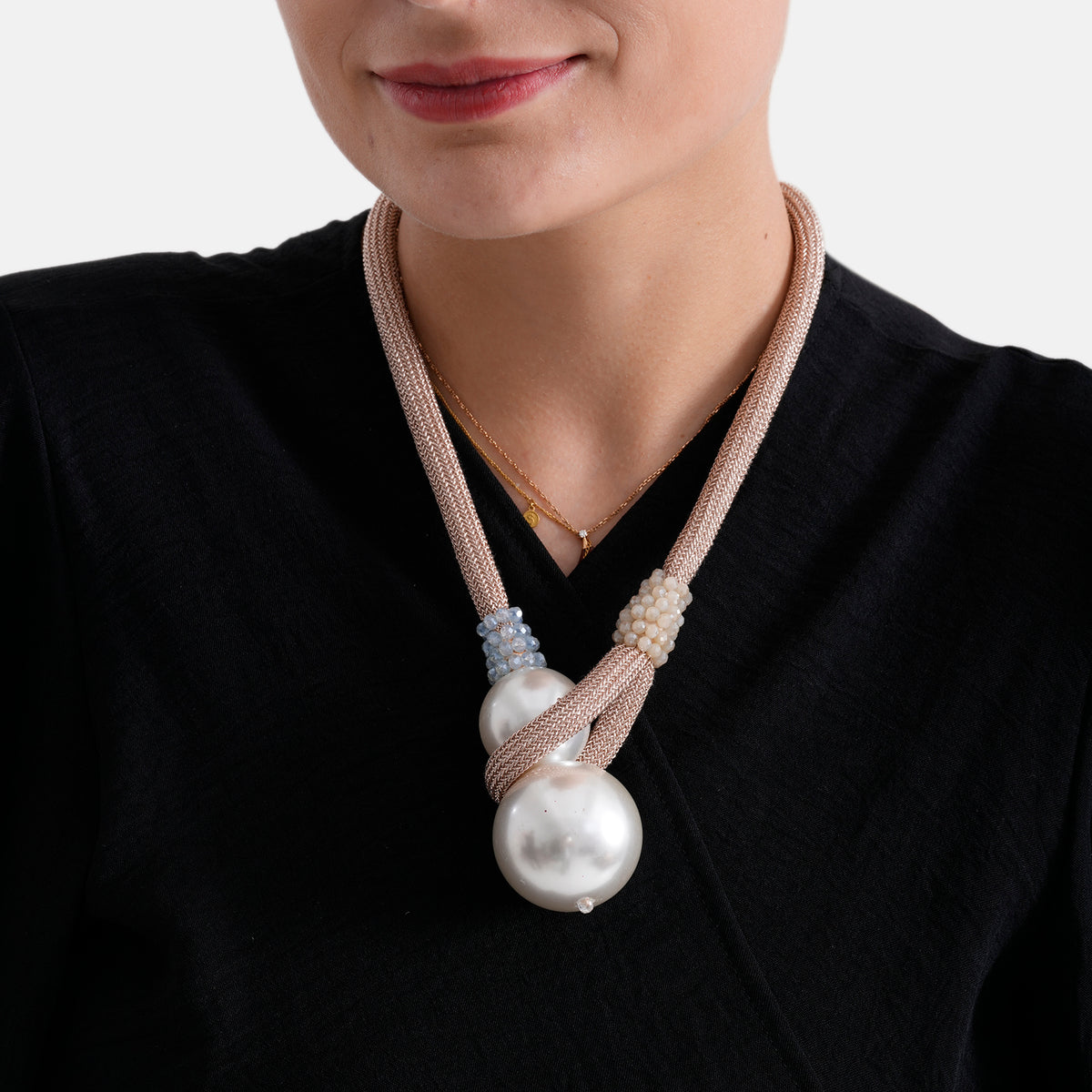 Designer Knotted Woven Cord Double Faux Pearl Drop Statement Necklace (60 cm) - Champagne V32619876 4