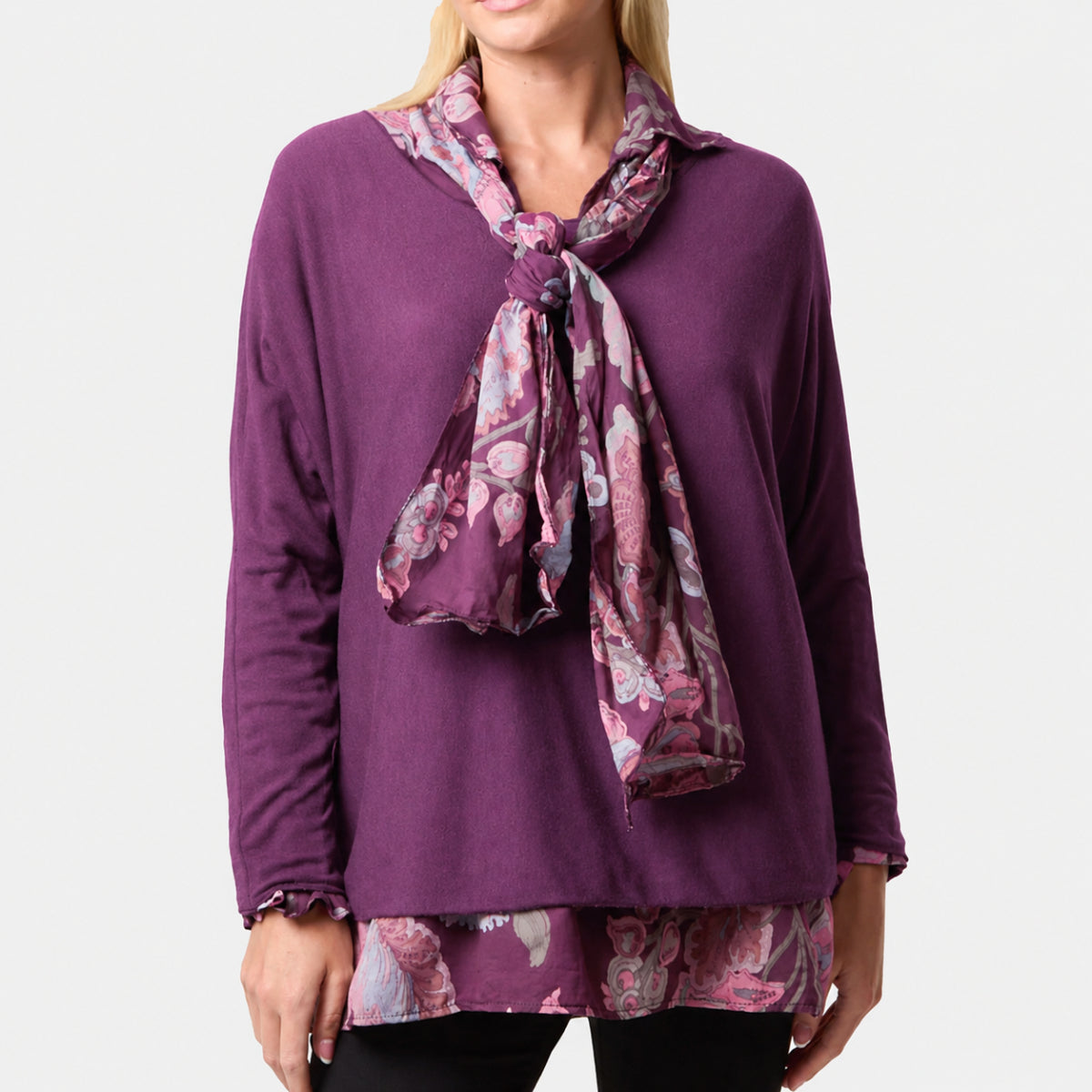 Misumi 100% Cotton Double Layer Blouse With Matching Scarf (One Size, Fit  8 To 16) - Purple 8547613 0