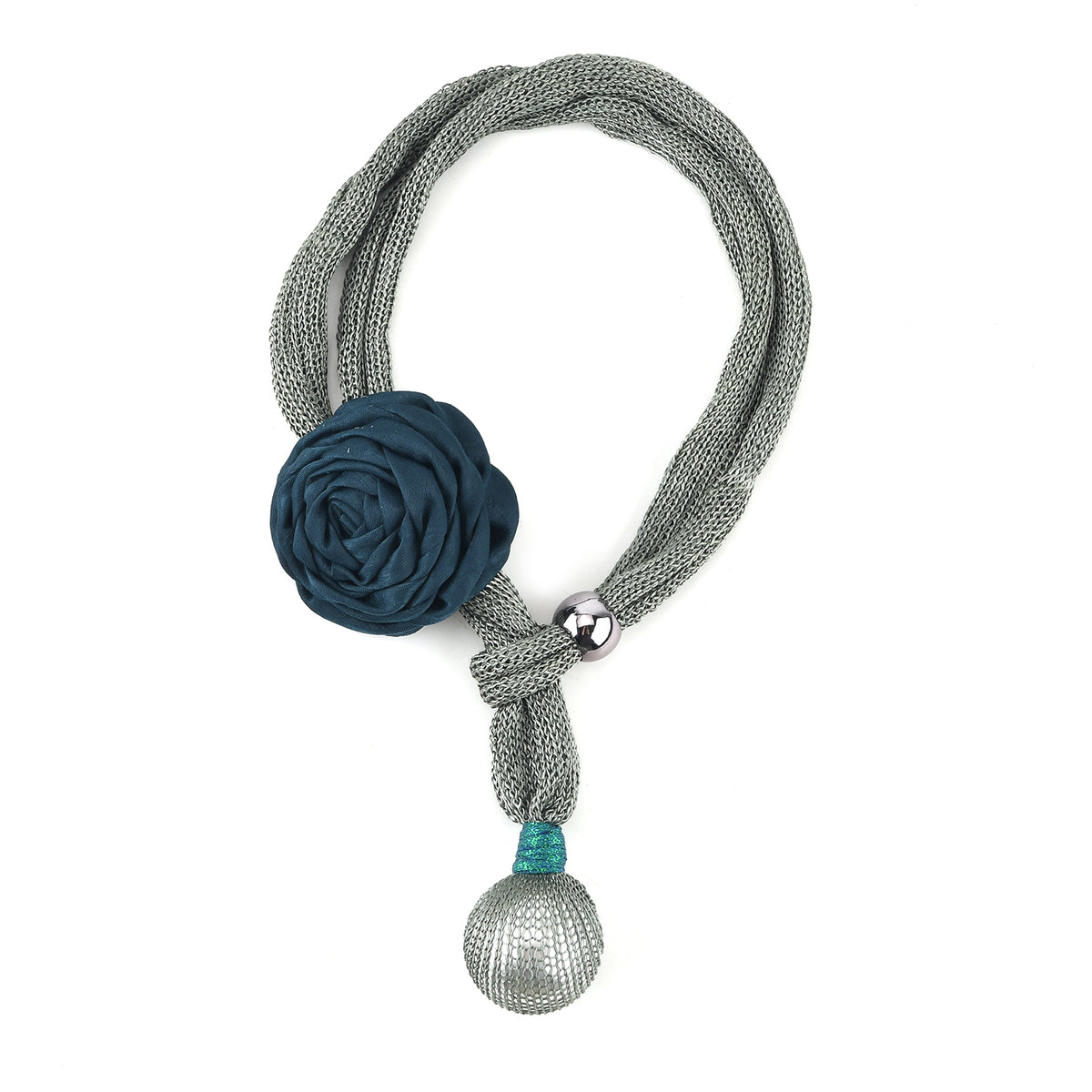 Designer Inspired Cord Floral Corsage &amp; Pearl Drop Statement Necklace (66 cm) - Dark Green V32620354 0