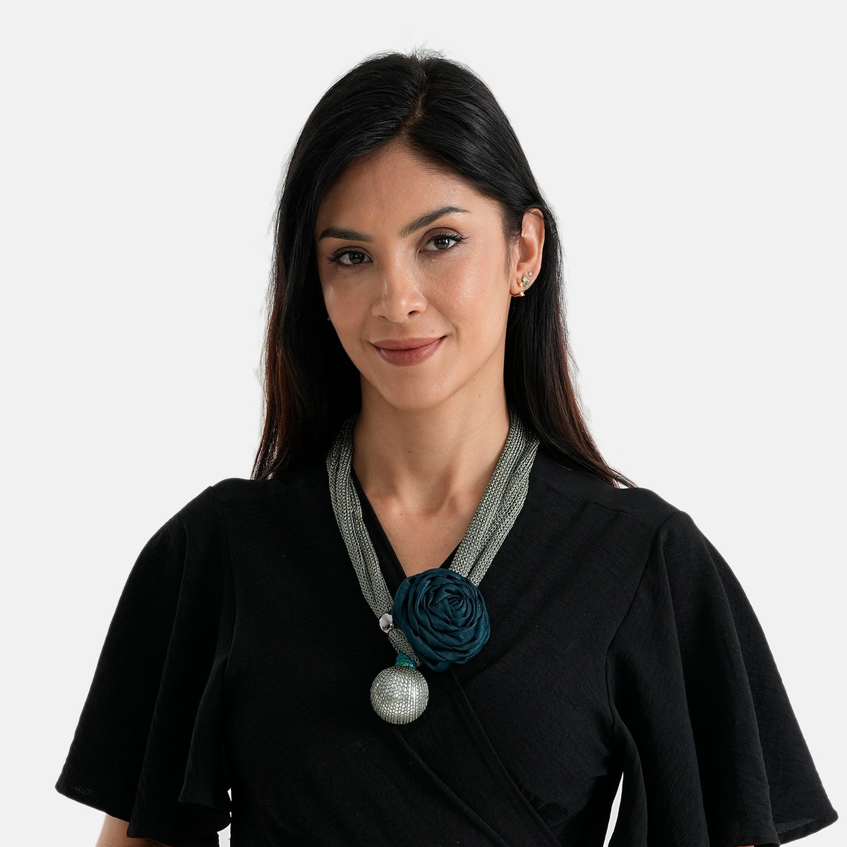 Designer Inspired Cord Floral Corsage &amp; Pearl Drop Statement Necklace (66 cm) - Dark Green V32620354 2