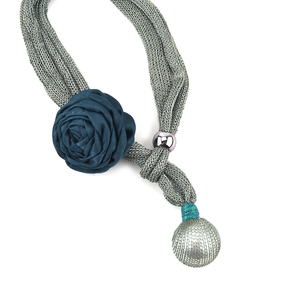 Designer Inspired Cord Floral Corsage &amp; Pearl Drop Statement Necklace (66 cm) - Dark Green V32620354 6