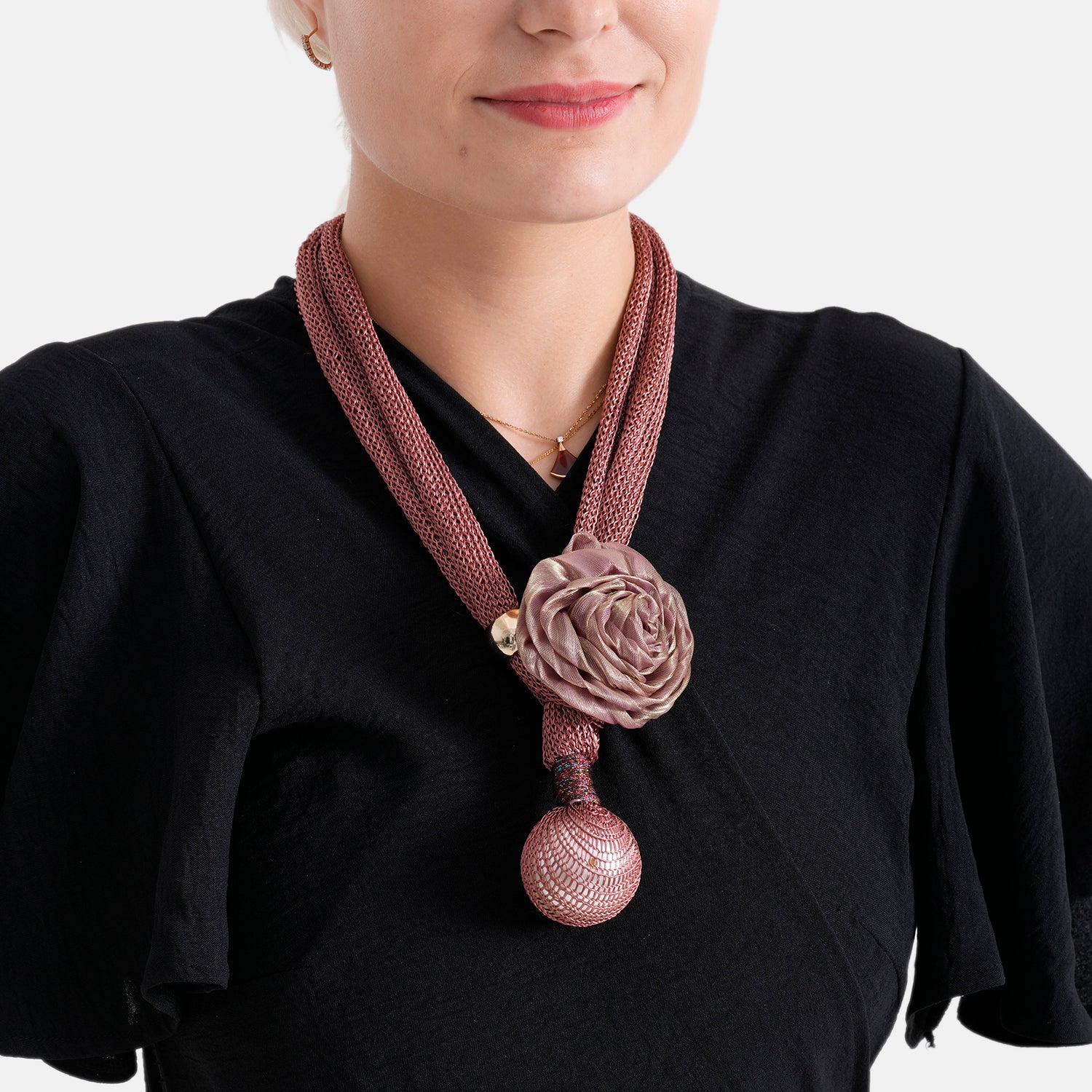 Designer Inspired Cord Floral Corsage &amp; Pearl Drop Statement Necklace (66 cm) - Black 8547618 4