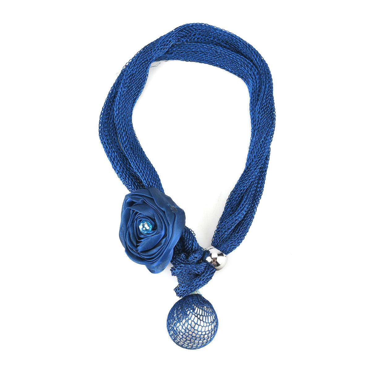 Designer Inspired Cord Floral Corsage &amp; Pearl Drop Statement Necklace (66 cm) - Navy Blue V32619634 0