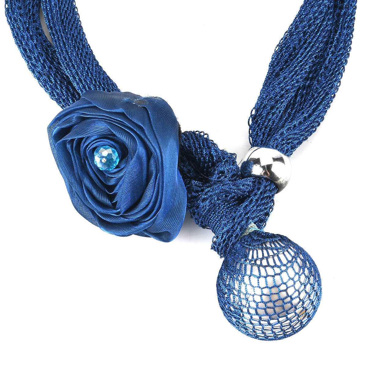 Designer Inspired Cord Floral Corsage &amp; Pearl Drop Statement Necklace (66 cm) - Navy Blue V32619634 6