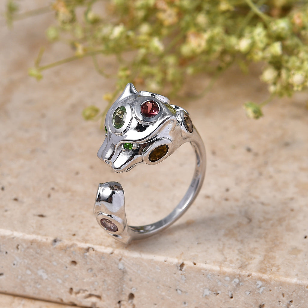 D'Joy - Multi-Tourmaline & Natural Chrome Diopside Panther Ring in Rhodium Overlay Sterling Silver 1.70 Ct._8547656_2