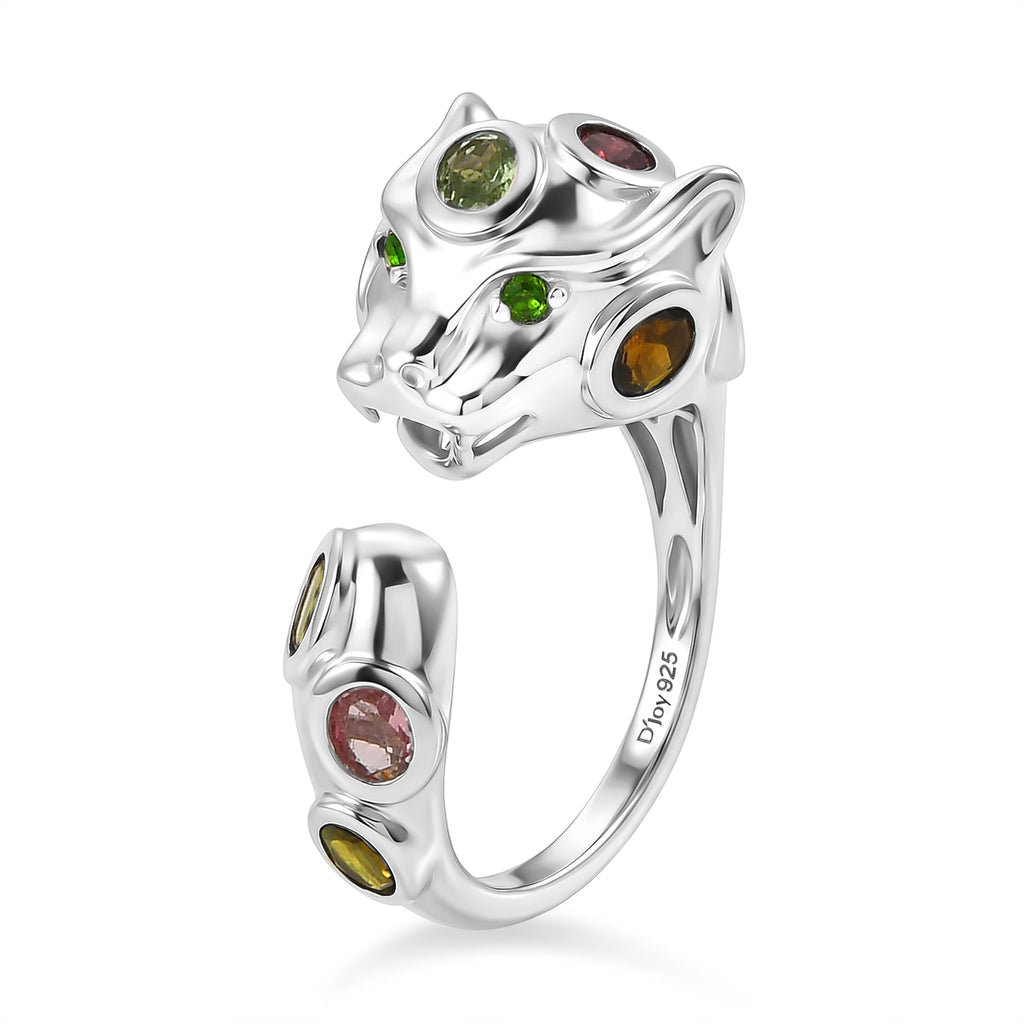 D'Joy - Multi-Tourmaline & Natural Chrome Diopside Panther Ring in Rhodium Overlay Sterling Silver 1.70 Ct._8547656_3
