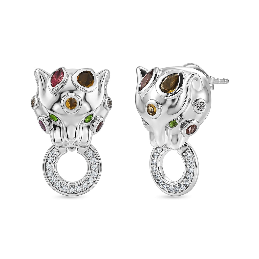 D'Joy - Multi-Tourmaline, Natural Chrome Diopside & White Zircon Panther Earring with Push Post in Rhodium Overlay Sterling Silver 1.20 Ct._8547664