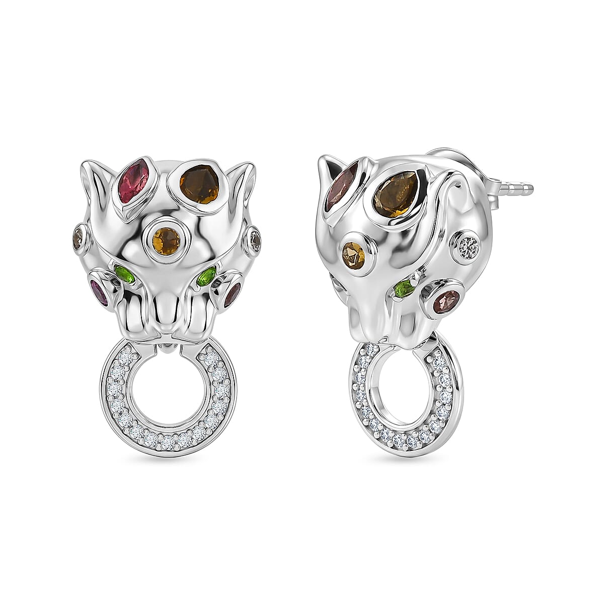 D'Joy - Multi-Tourmaline, Natural Chrome Diopside &amp; White Zircon Panther Earring with Push Post in Rhodium Overlay Sterling Silver 1.20 Ct. V32519971 0