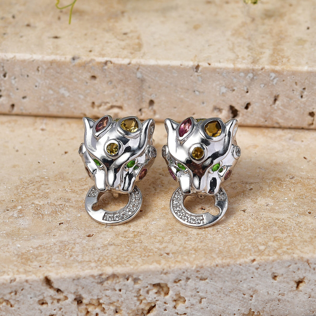 D'Joy - Multi-Tourmaline, Natural Chrome Diopside & White Zircon Panther Earring with Push Post in Rhodium Overlay Sterling Silver 1.20 Ct._8547664_2