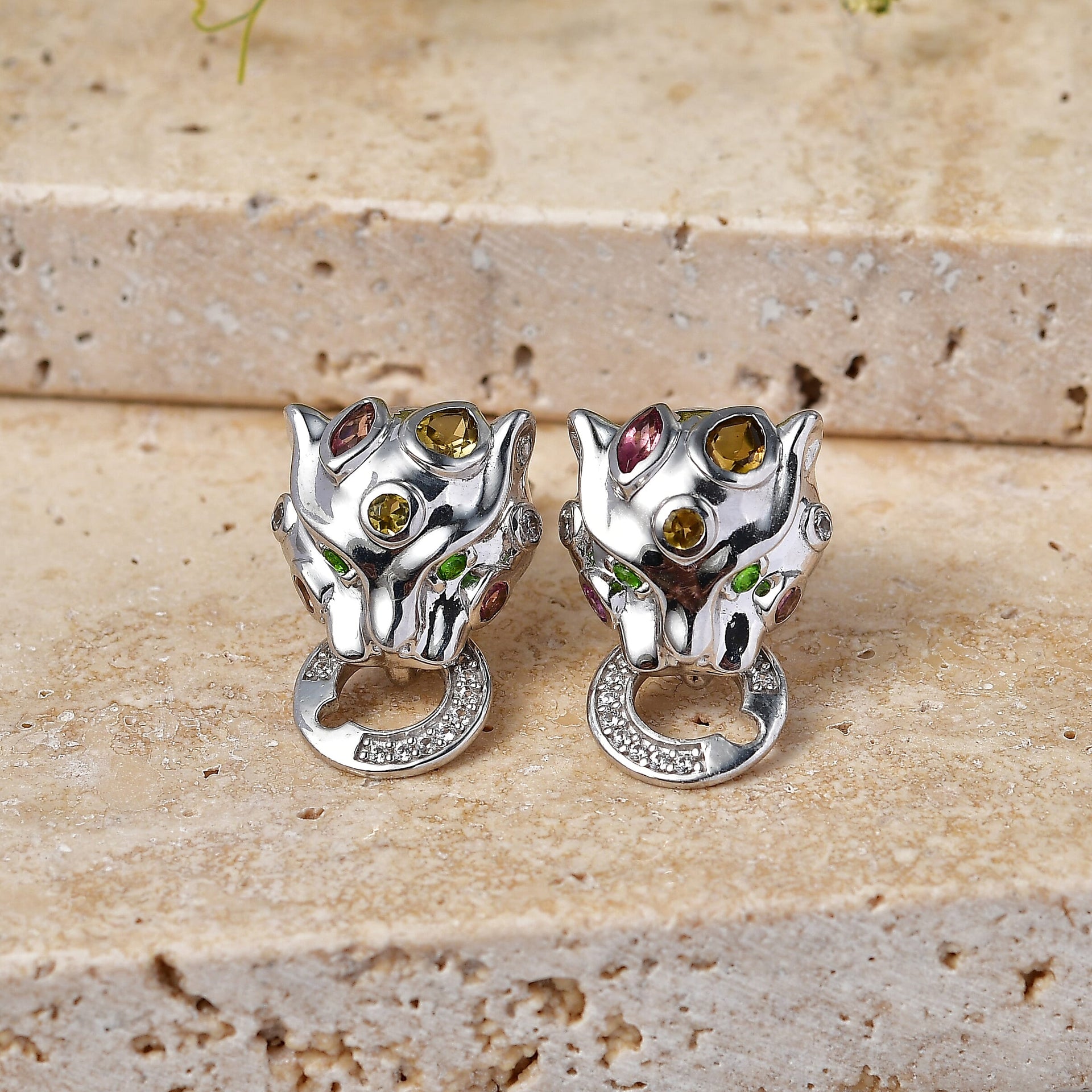 D'Joy - Multi-Tourmaline, Natural Chrome Diopside &amp; White Zircon Panther Earring with Push Post in Rhodium Overlay Sterling Silver 1.20 Ct. V32519971 3