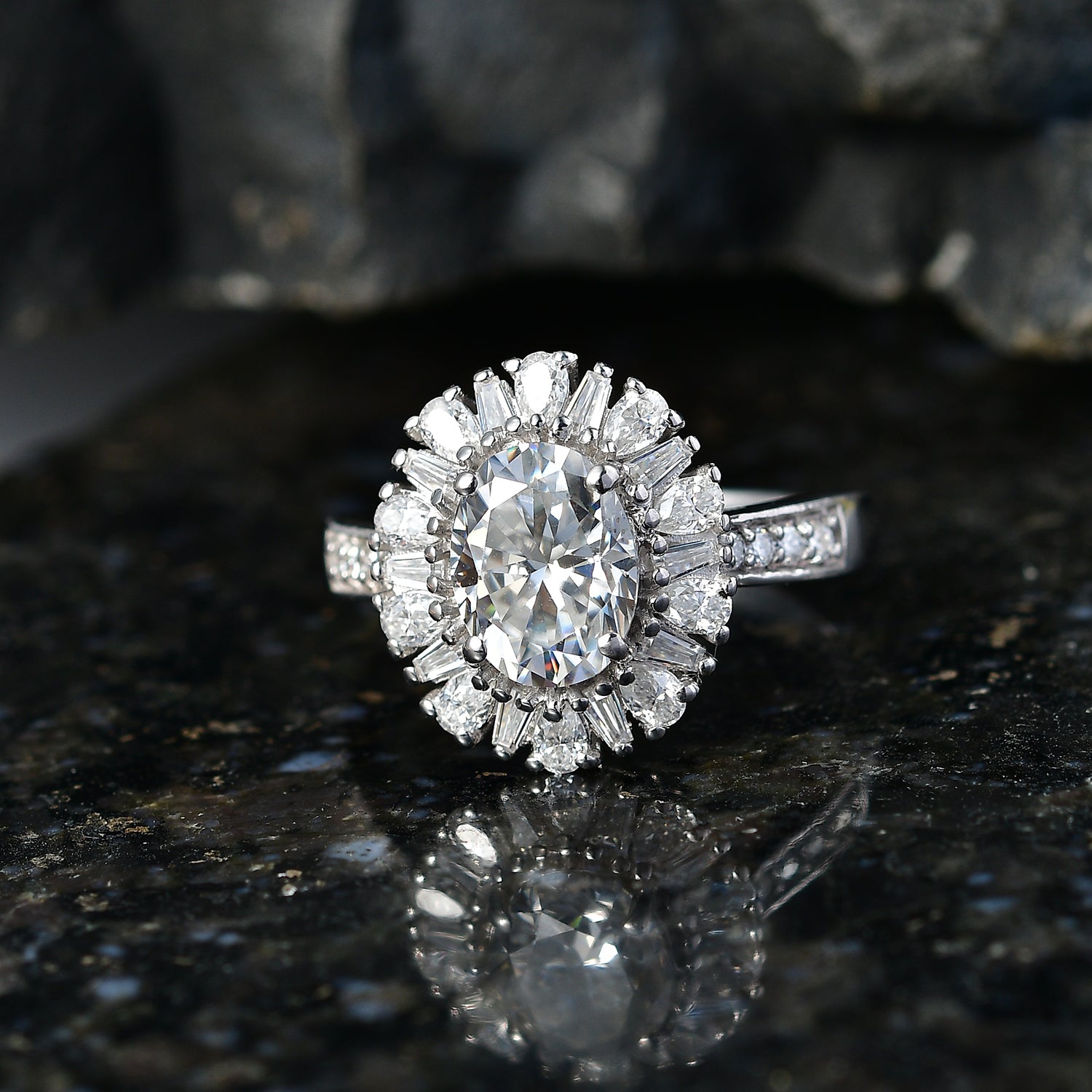 D'Joy - Moissanite Halo Ring in Rhodium Overlay Sterling Silver 2.81 Ct. V32518915 3