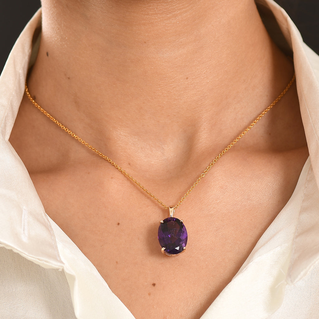 9K Yellow Gold AAA African Amethyst Solitaire Pendant 11.60 Ct._8547823_1