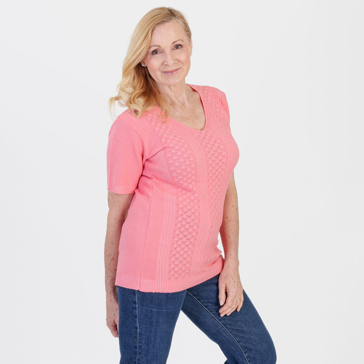 Pure And Natural Made In Uk V Neck Cable Knit Jumper (Size - S/M, 8-14) - Coral V32530427 2