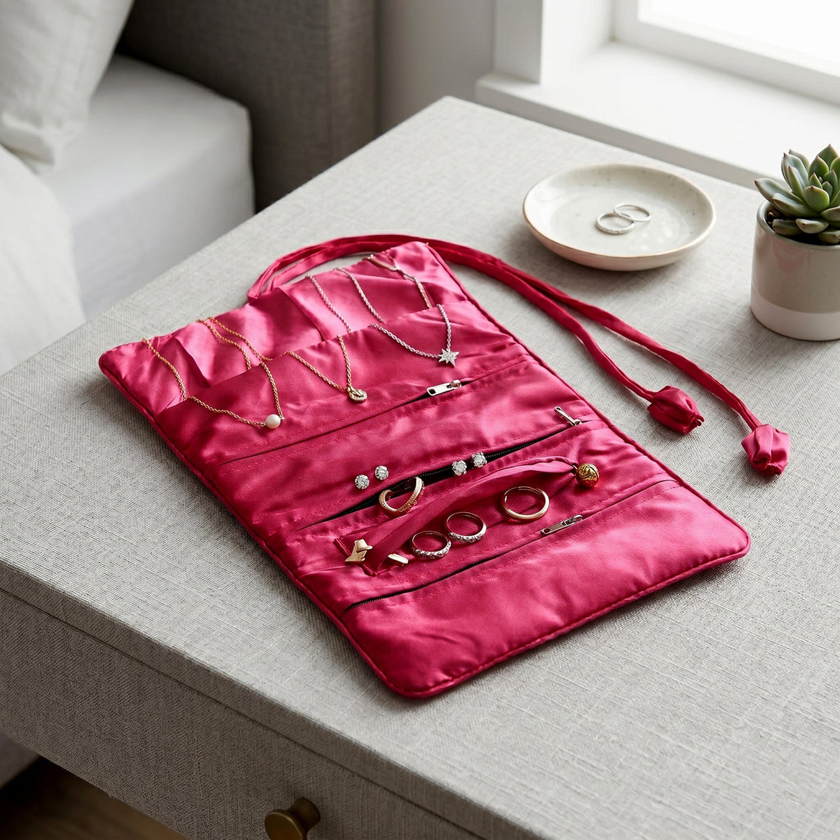 Embroidered Travel Jewellery Roll Organiser - Raspberry V32361628 1