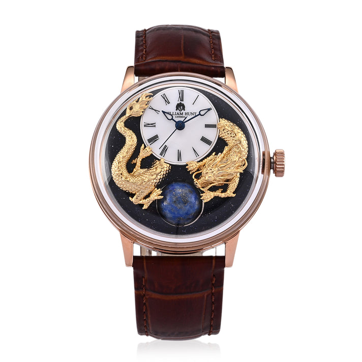 Exclusive William Hunt Automatic Watch With Lapis Lazuli Rotating Day &amp; Night Sphere, Blue Sandstone and MOP Dial &amp; 24K Gold Plated Dragons 5ATM WR with Brown Leather Strap 8549122 1