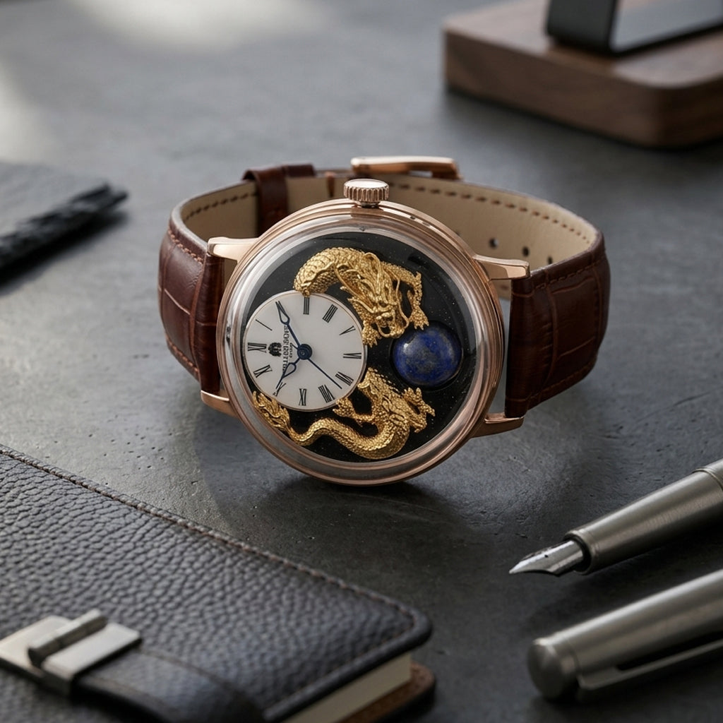Exclusive William Hunt Automatic Watch With Lapis Lazuli Rotating Day & Night Sphere, Blue Sandstone and MOP Dial & 24K Gold Plated Dragons 5ATM WR with Brown Leather Strap_8549122_1