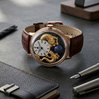 Exclusive William Hunt Automatic Watch With Lapis Lazuli Rotating Day & Night Sphere, Blue Sandstone and MOP Dial & 24K Gold Plated Dragons 5ATM WR with Brown Leather Strap_8549122_1