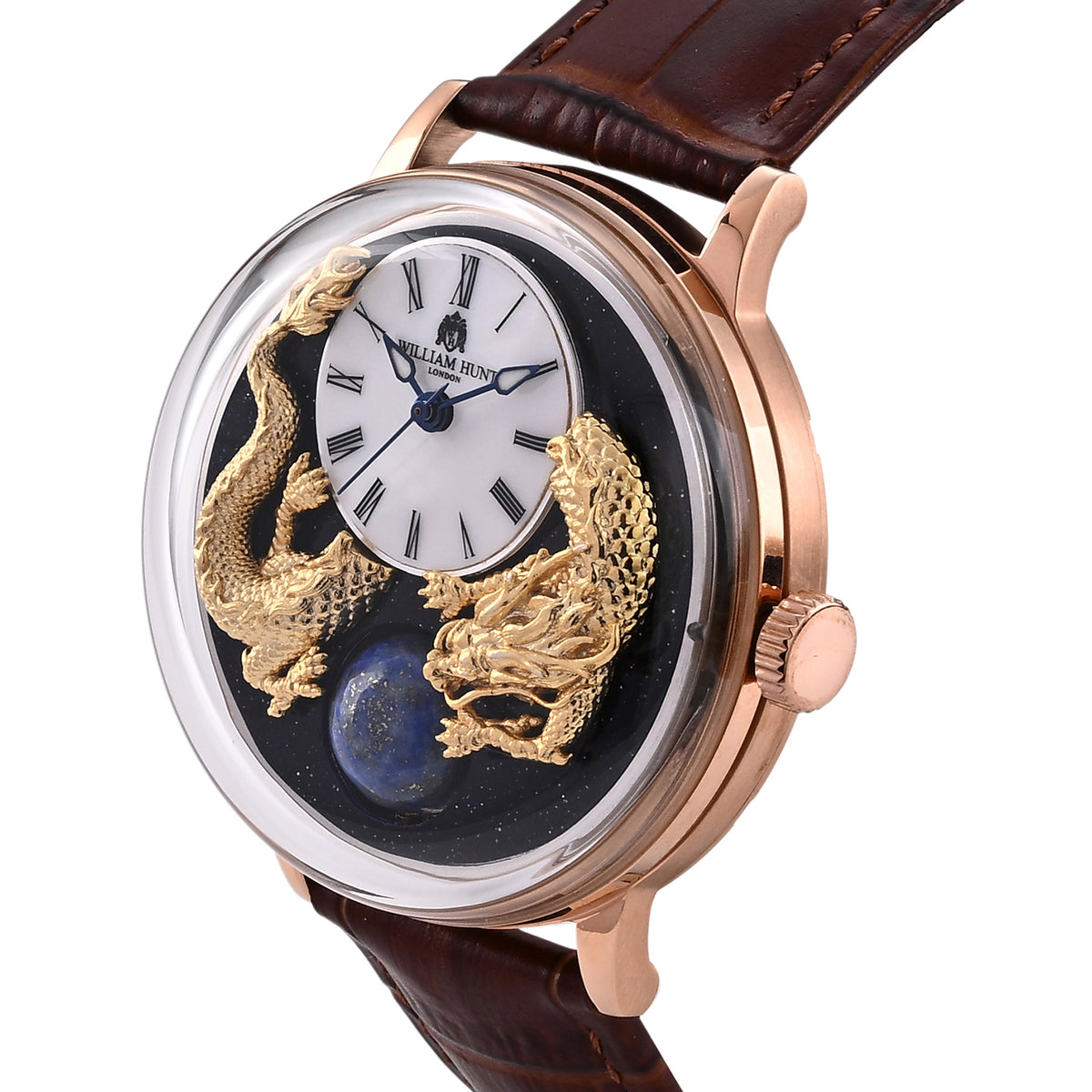 Exclusive William Hunt Automatic Watch With Lapis Lazuli Rotating Day &amp; Night Sphere, Blue Sandstone and MOP Dial &amp; 24K Gold Plated Dragons 5ATM WR with Brown Leather Strap 8549122 4