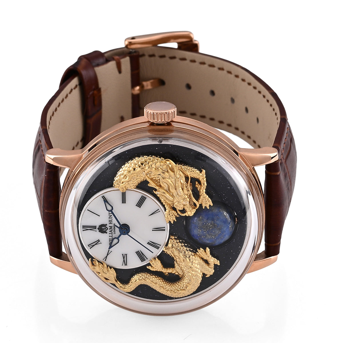 Exclusive William Hunt Automatic Watch With Lapis Lazuli Rotating Day &amp; Night Sphere, Blue Sandstone and MOP Dial &amp; 24K Gold Plated Dragons 5ATM WR with Brown Leather Strap 8549122 5