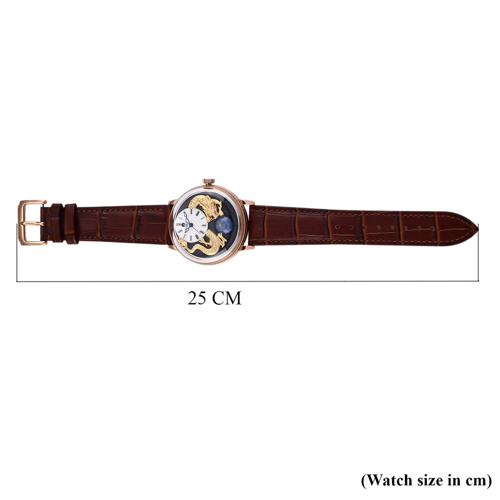 Exclusive William Hunt Automatic Watch With Lapis Lazuli Rotating Day & Night Sphere, Blue Sandstone and MOP Dial & 24K Gold Plated Dragons 5ATM WR with Brown Leather Strap_8549122_7