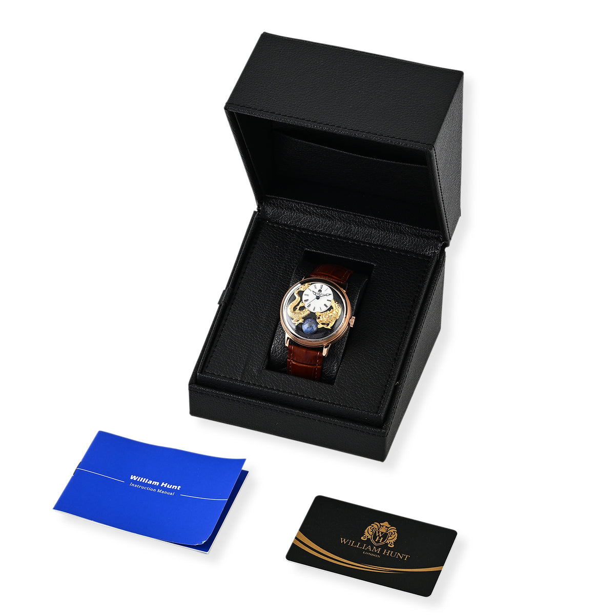 Exclusive William Hunt Automatic Watch With Lapis Lazuli Rotating Day &amp; Night Sphere, Blue Sandstone and MOP Dial &amp; 24K Gold Plated Dragons 5ATM WR with Brown Leather Strap 8549122 9