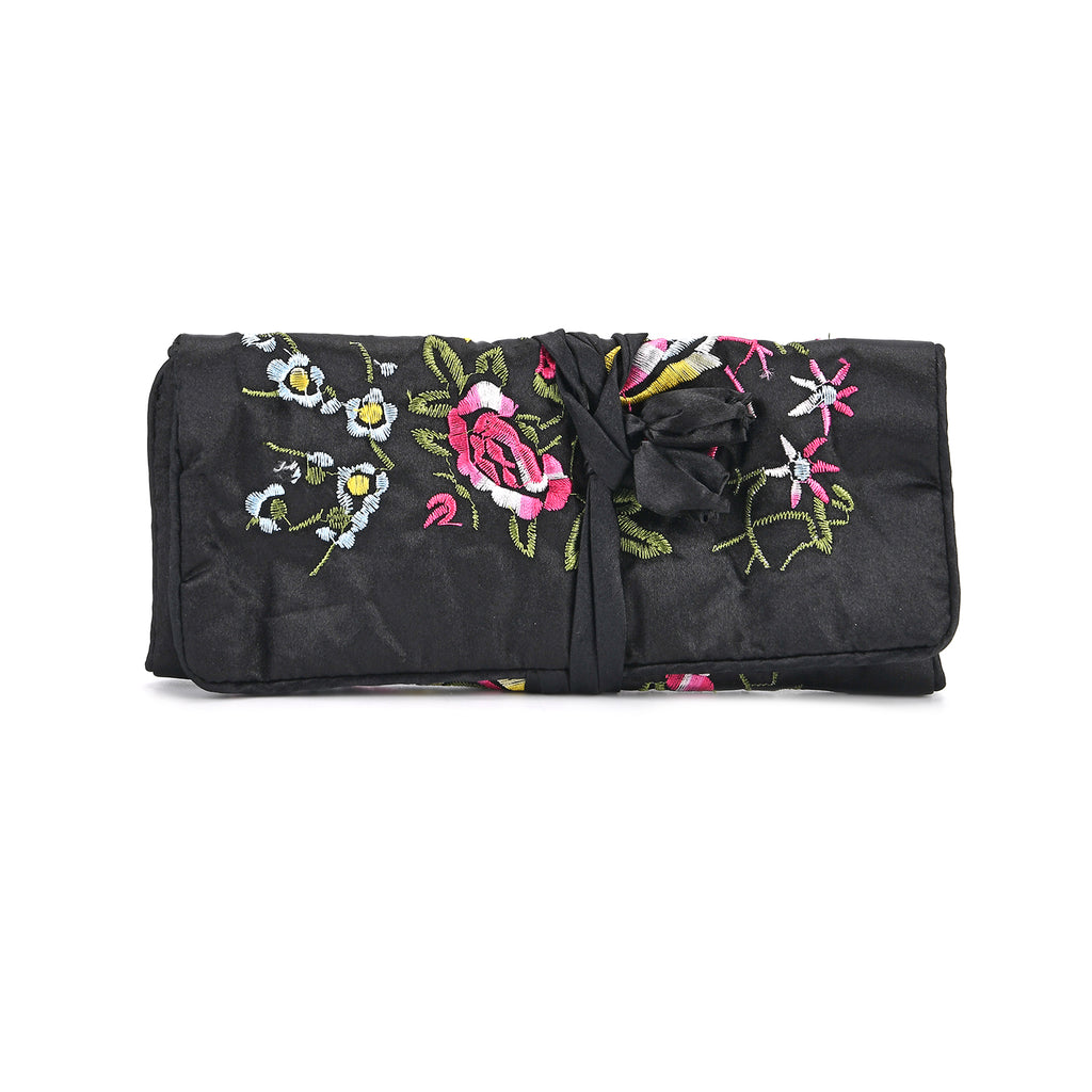 Embroidered Travel Jewellery Roll Organiser - Black_8550320