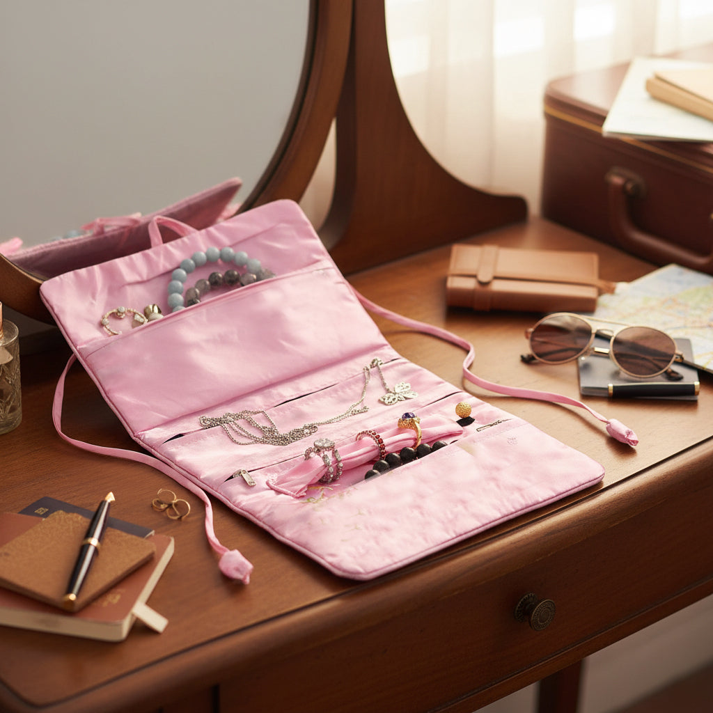 Embroidered Travel Jewellery Roll Organiser - Light Pink V32353147 2