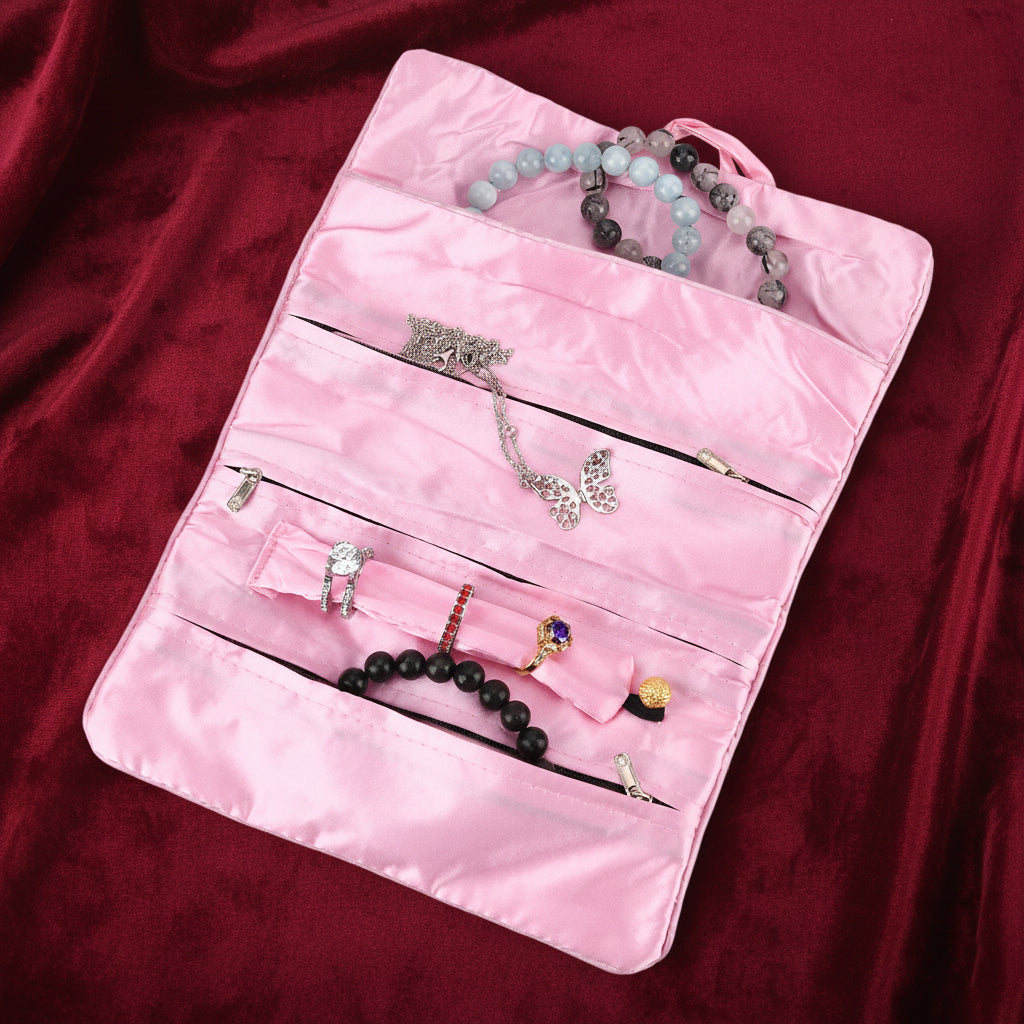 Embroidered Travel Jewellery Roll Organiser - Light Pink 8550321 3