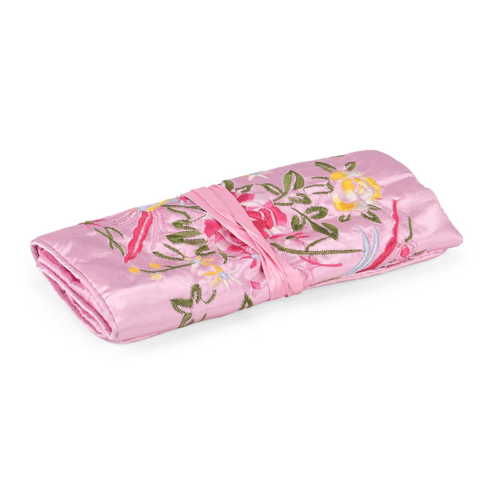 Embroidered Travel Jewellery Roll Organiser - Light Pink