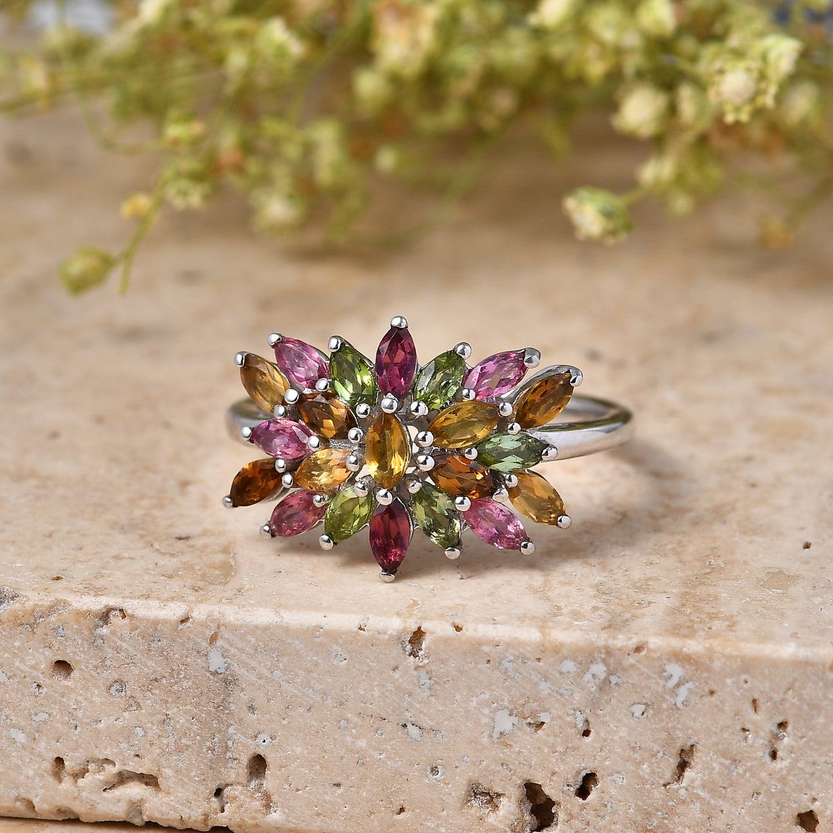 D'Joy - Multi-Tourmaline Floral Cluster Ring in Rhodium Overlay Sterling Silver 1.65 Ct. V32553967 3