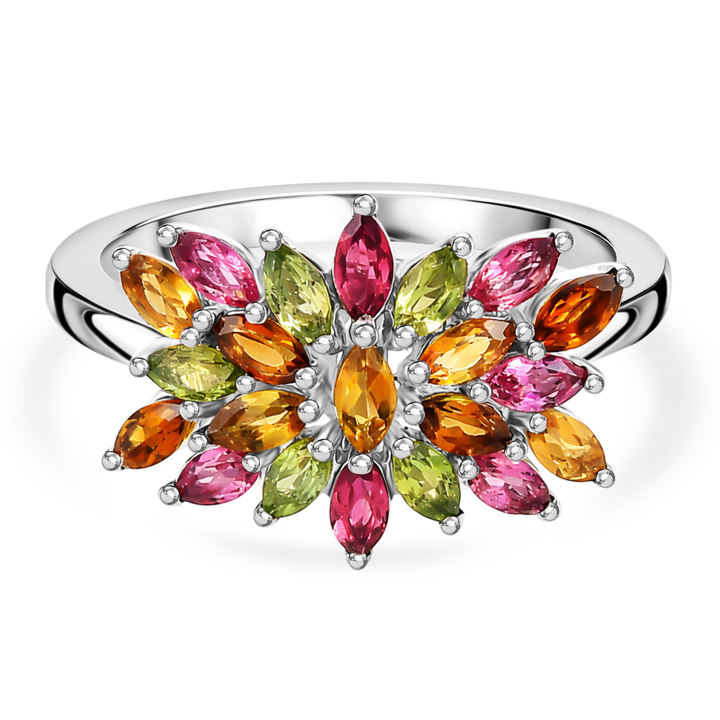 D'Joy - Multi-Tourmaline Floral Cluster Ring in Rhodium Overlay Sterling Silver 1.65 Ct._8551475