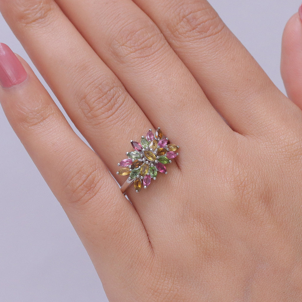 D'Joy - Multi-Tourmaline Floral Cluster Ring in Rhodium Overlay Sterling Silver 1.65 Ct._8551475_1